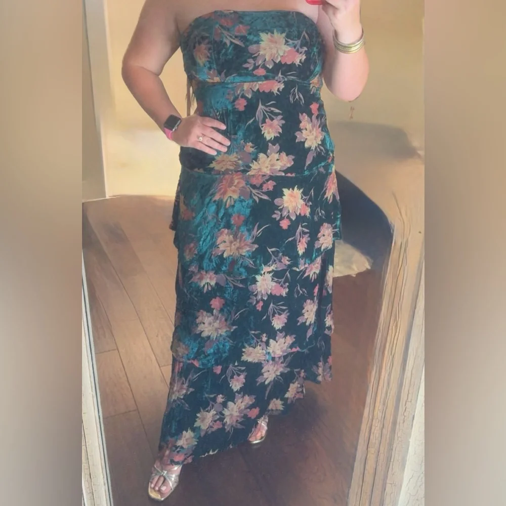 Lulu's Teal Floral Velvet Strapless Maxi Dress - Picture 16 of 16